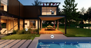 a nighttime backyard scene with vr audio hotspot icons