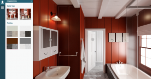 A bathroom shown in Yulio VR shown with a choice of color palletes, red in this one.