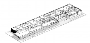 A traditional black and white cutaway drawing from the original design of the large building
