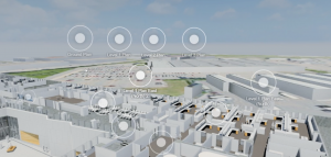The same design presented in color using Yulio architecture VR including circles indicating linked scenes